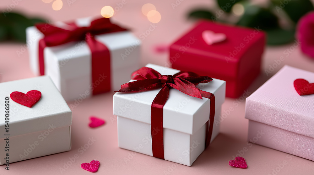 Obraz premium Romantic Valentine’s Day flat lay with gift boxes, satin ribbons, heart confetti, and fairy lights on pink background, valentine flatlay, romantic gift, love theme, pink background, heart shaped dec