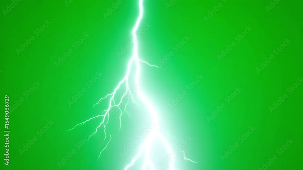 A bright white lightning bolt strikes down against a vibrant green screen background in a visual effect 4k video