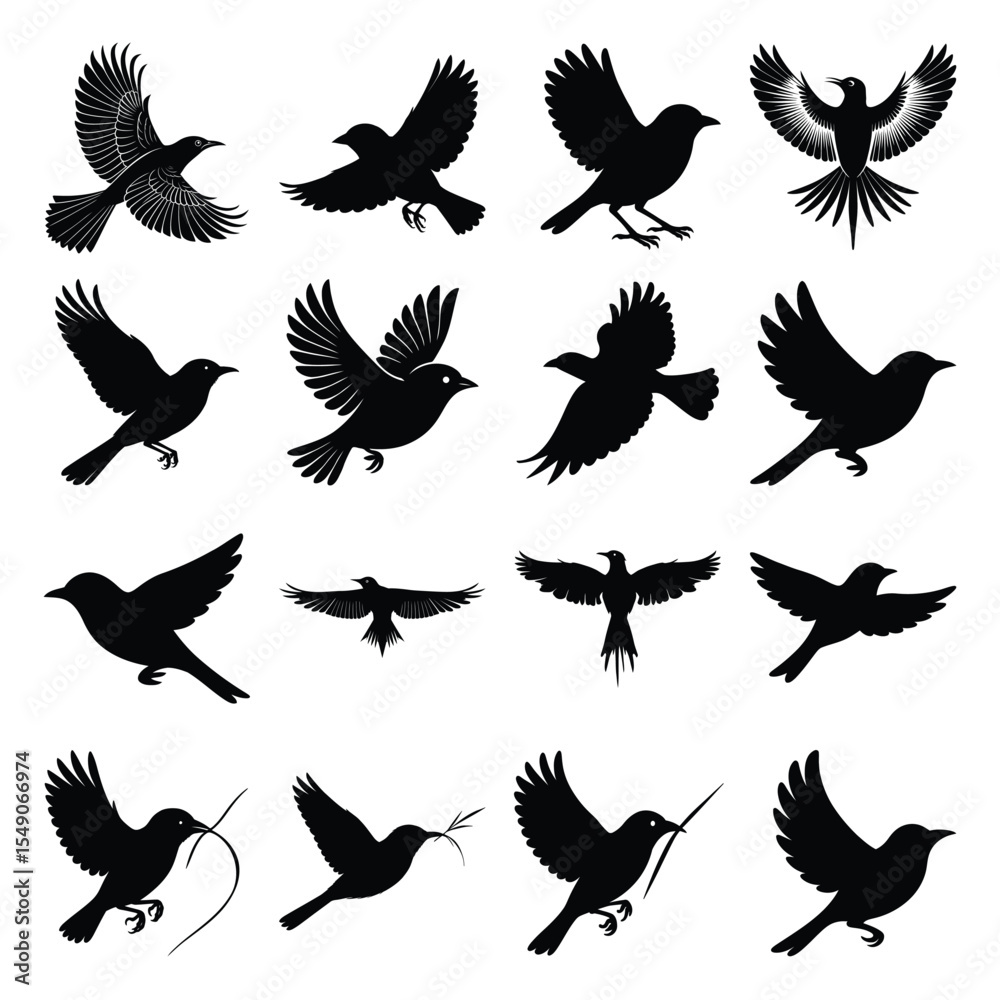 Obraz premium Weaver birds flying icon set stock silhouette clipart vector