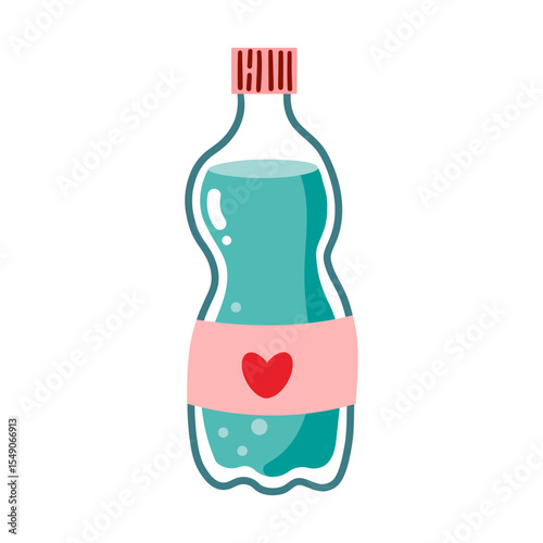Pure water drink icon in flat style. Glass bottle and drinking glass vector illustration on isolated background. Water beverage sign business concept. Hand drawn cartoon style isolate on white .