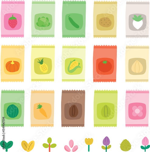 Set of colorful variety of fruit and vegetables seedling pack editable vector design illustration