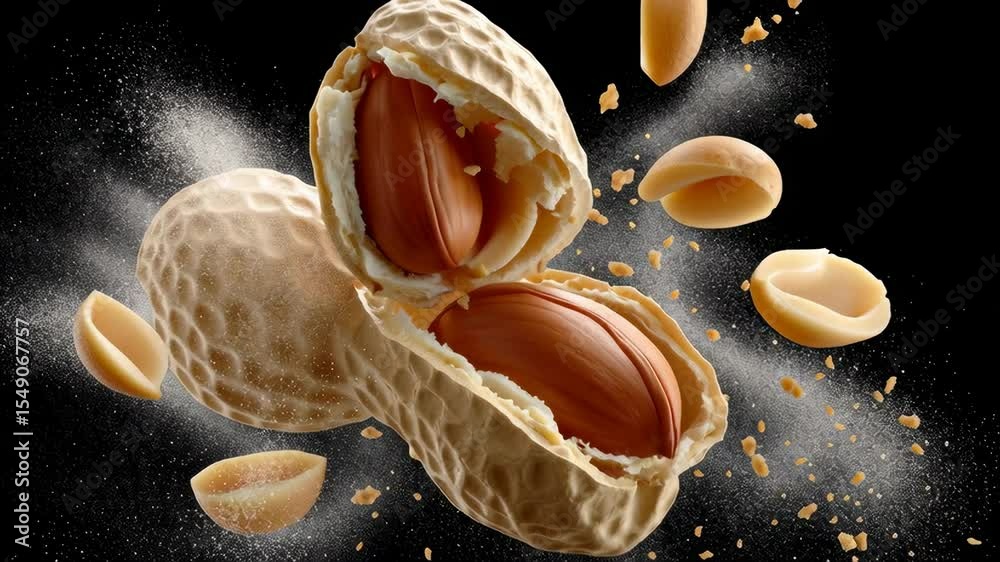 Peanut shell bursting open, revealing roasted peanuts inside, with flying fragments and dust particles creating a dynamic and energetic scene, showcasing the deliciousness of this popular snack food
