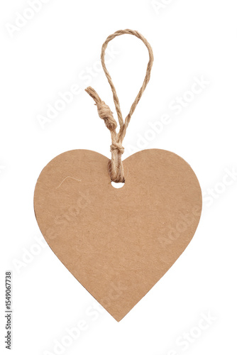 heart-shaped craft tag with twine, isolated on background