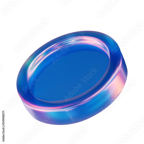 3d iridescent glass coin. Sleek glass coin icon glows with chromatic dispersion. Vector illustration
