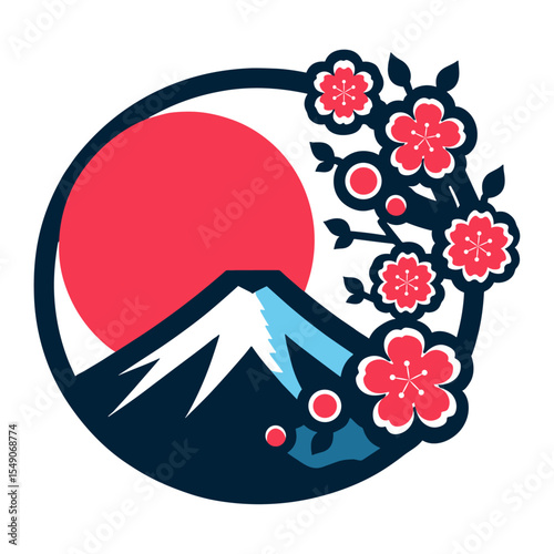 富士山と桜・梅の花、朝日の和風サークルアート