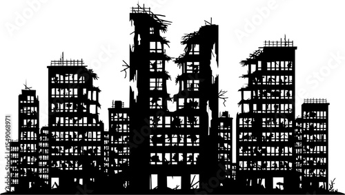 vector silhouette illustration of a cityscape dominated by severely damaged and crumbling buildings. The structures show signs of extensive destruction, with broken windows, exposed frameworks,