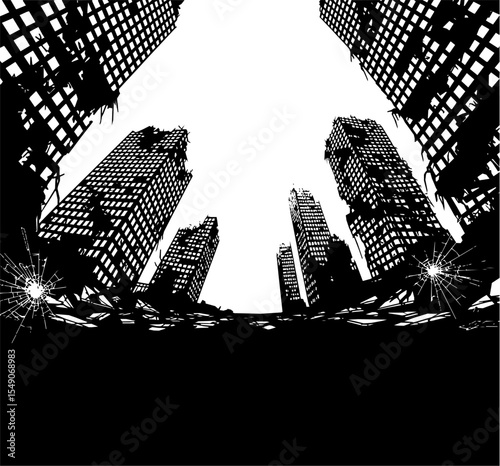 A striking black and white vector silhouette illustration captures a dramatic, low-angle  view of a city in ruins