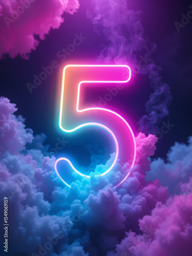 3d render, neon linear number five and colorful cloud glowing with pink blue neon light, abstract fantasy background