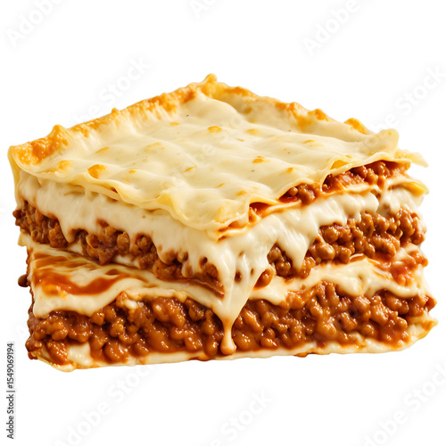 A lasagna layers with meat sauce béchamel and melted cheese cut and slightly separated transparent background, no typography