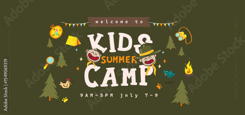 Wallpaper Mural Fun summer camp poster with cartoon kids, forest animals, and outdoor adventure elements on green background Torontodigital.ca