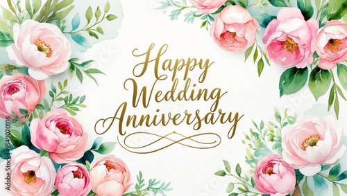 A wedding anniversary card with soft watercolor roses, peonies, and greenery on a white background, elegant gold script text reading 'Happy Wedding Anniversary' in the center