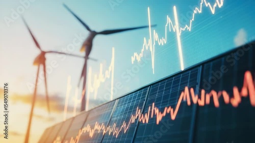 Renewable energy investment growth with solar panel and wind turbine showcasing financial graph overlay, clean energy technology driving sustainability and green energy environment innovation future