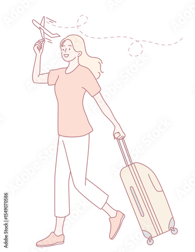 A joyous woman walking along with a suitcase while playfully tossing a paper airplane, representing travel