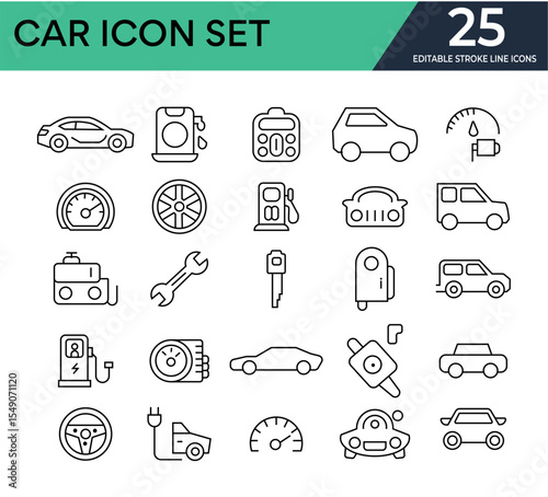 Car , Vehicle and Automobile Industry stroke Line Editable Icon set. Editable stroke. Vector Charging icon set. Containing charge, battery, electric socket, energy, electricity, charger,