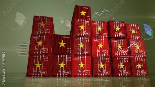 Vietnam export production and import containers cargo with business import export diagrams and charts. Vietnamese flag industrial shipping box 3d concept.