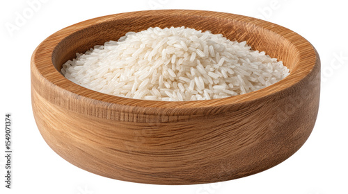 White rice isolated on transparent background in wooden bowl with natural texture