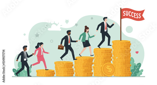 Business success journey concept with team climbing coin stacks to achieve goals vector illustration