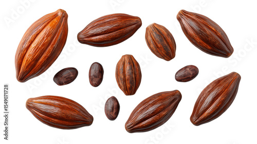 Cacao pods and beans isolated on transparent background with rich brown color and natural texture