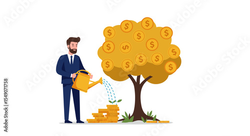 Business growth concept with money tree and investment strategy illustration vector illustration