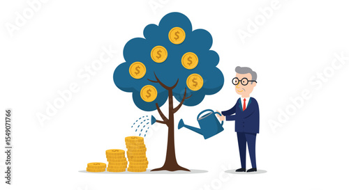 Growing wealth concept with businessman watering money tree - financial growth and investment illustration vector illustration