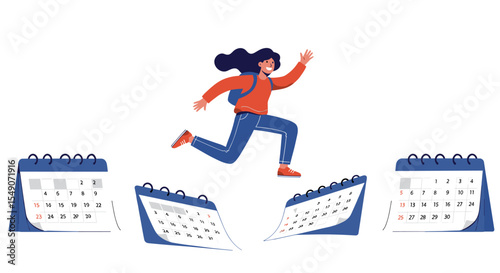 Excited woman jumping over calendars concept for time management and scheduling vector illustration