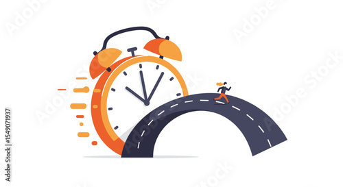Time management concept with retro clock and road journey illustration for motivation and planning vector illustration