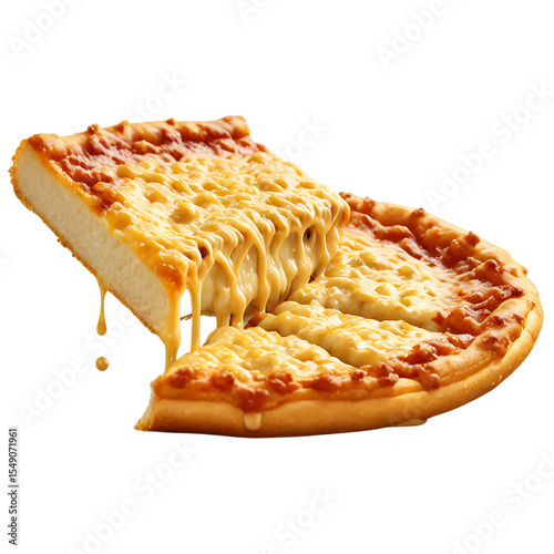 A  cheese pizza slice with exaggerated gooey cheese drips and a golden crust transparent background