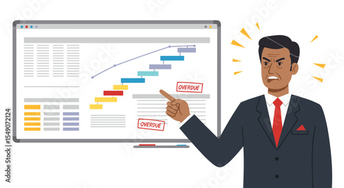 Businessman expressing frustration at overdue project timeline chart in office presentation vector illustration
