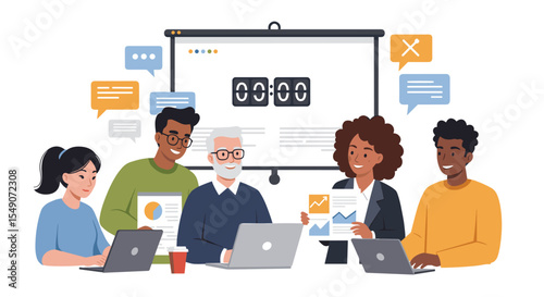 Collaborative team meeting with diverse professionals brainstorming business strategy vector illustration