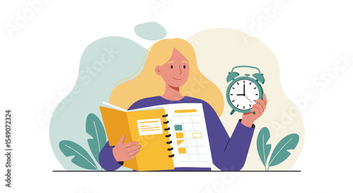 Time management concept with woman holding clock and planner for effective scheduling vector illustration