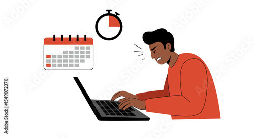 Time management stress concept with man working on laptop in minimalistic flat design vector illustration