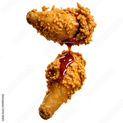 A crispy golden fried chicken drumsticks drizzled with spicy red sauce isolated on a transparent background