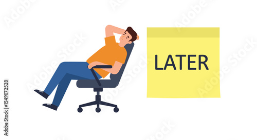 Procrastination concept illustration with relaxed man in office chair and later note for time management design vector illustration