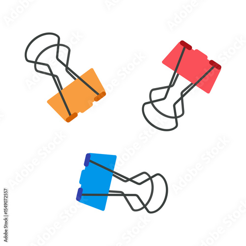 Binder clips, vector icon. Multicolored clips for fastening papers, holding documents, storing photos. School and office stationery. Bright flat illustration isolated on white. Simple cartoon clipart