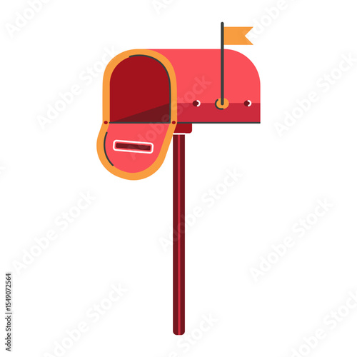 Open mailbox, vector icon. Red post box for sending, receiving letters, documents. Mail container stands on a pillar with a raised flag. Metal letterbox. Hand drawn doodle, flat cartoon illustration