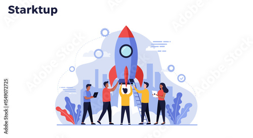 Startup launch concept with team supporting rocket for business growth and success illustration vector illustration