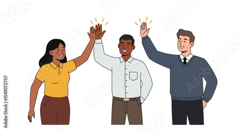 Diverse team celebrating success with high five gesture - professional collaboration concept vector illustration
