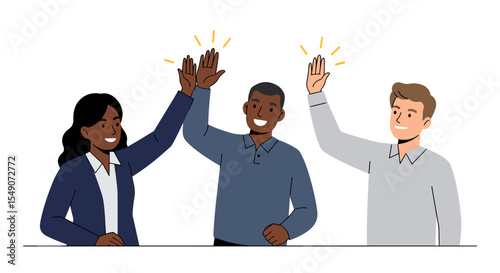 Teamwork and collaboration - diverse group giving high fives vector illustration for office and community design