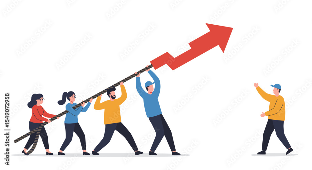Fototapeta premium Teamwork and success concept: collaborative effort raising an arrow for business growth and achievement vector illustration
