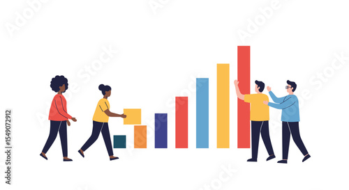 Collaborative teamwork in business growth analytics and data development for corporate success vector illustration