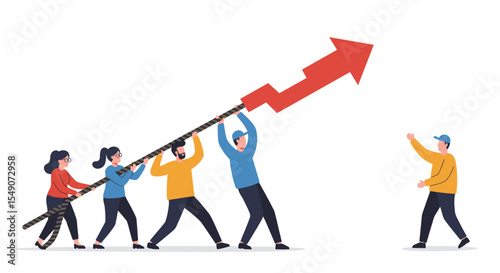 Teamwork and success concept: collaborative effort raising an arrow for business growth and achievement vector illustration