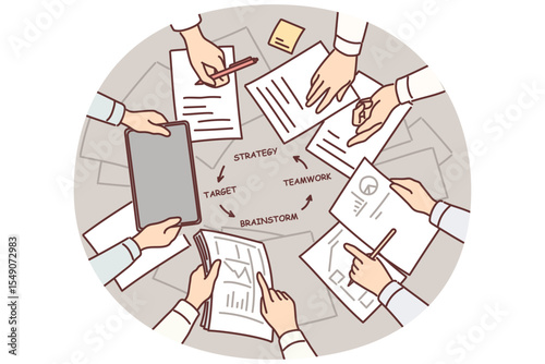 Hands of people over table with documents doing teamwork and strategizing during brainstorming