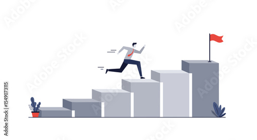 Business success concept with businessman climbing 3d steps towards red flag goal achievement vector illustration