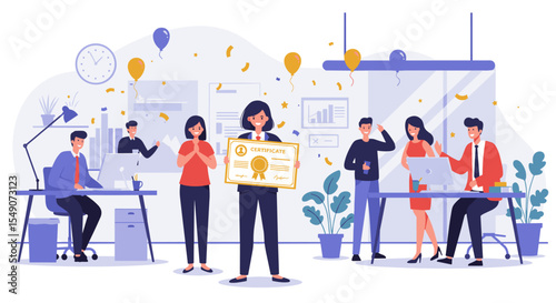 Team celebration in office for achieving certificate of excellence vector illustration