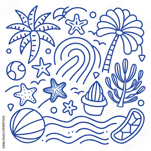 Tropical island vector illustration featuring a summer beach, palm trees, and ocean for your next travel and vacation design