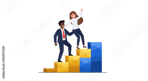 Business growth success concept with team collaboration and climbing bar chart visualization vector illustration