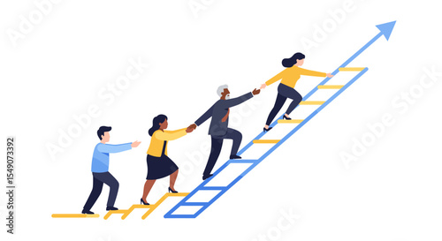 Teamwork and leadership concept with diverse people climbing ladder toward success vector illustration