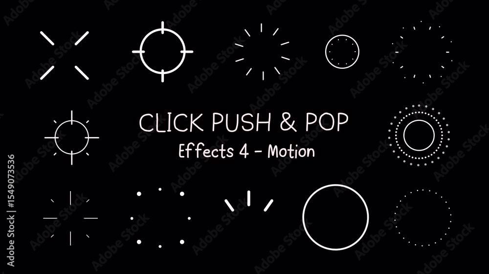 Set 4 of Click Push Pop line motion graphic effects, circle burst ray, radiant, burst, stars, confetti, sparkle, magical round wave animation on a transparent background, alpha channel