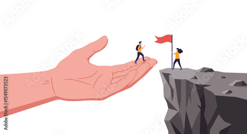 Guidance and support concept: overcoming challenges with teamwork and leadership in vector illustration design