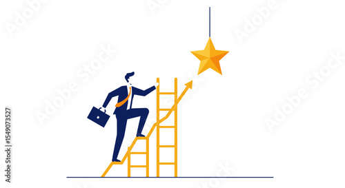 Striving for success concept with businessman climbing ladder to reach star vector illustration